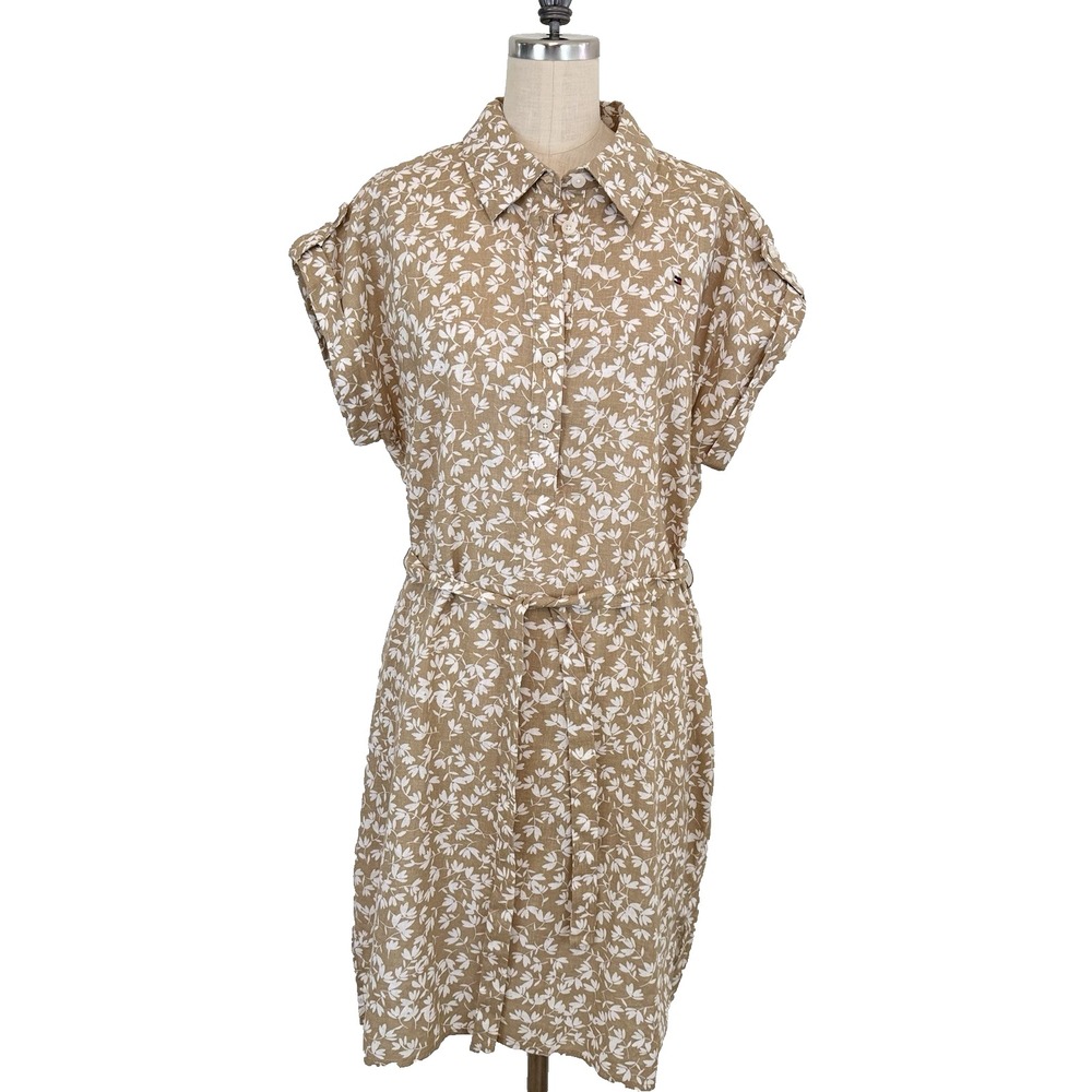 Tommy Hilfiger Popover Dress Womens 8‎ Belt Linen Blend Floral Beige White NEW